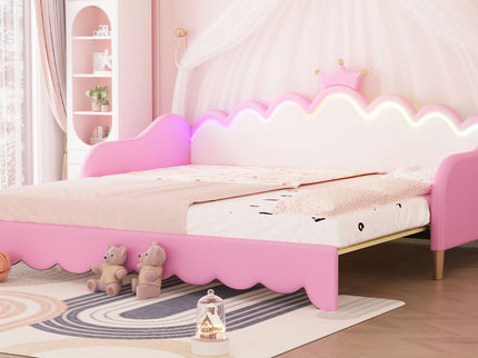 Extending Daybed With LED Lights, Modern Upholstered Princess Daybed With Crown Headboard