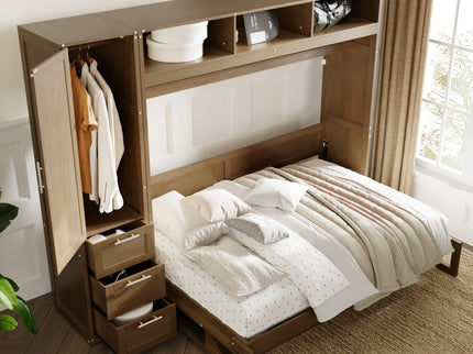 Full Size Murphy Bed With Wardrobe, Drawers, And Open Shelves - Wood