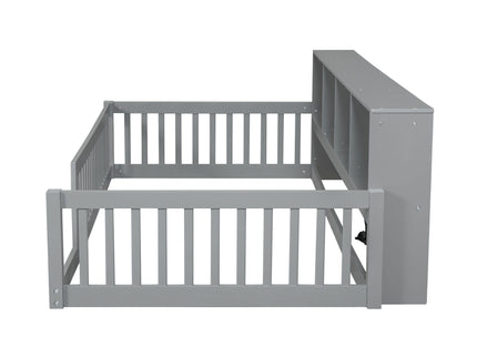 Twin Long Floor Bed With Storage Cabinets And USB Ports - Gray