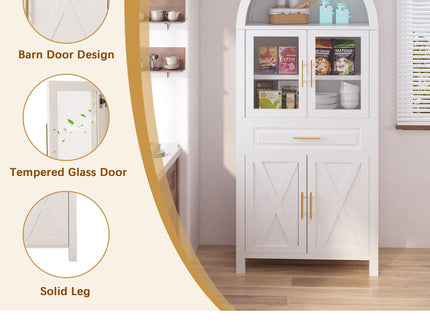 Arched Kitchen Pantry Cabinet With Adjustable Shelves & Barn Door Design
