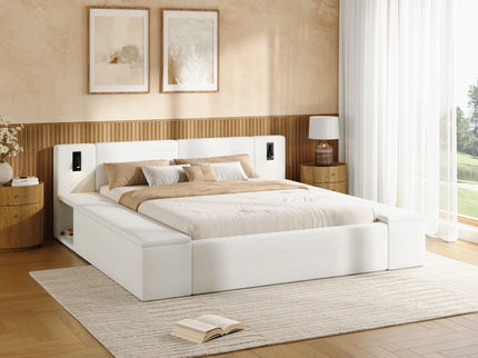 Upholstered Platform Bed Frame With Hidden Storage, Built-In Nightstands & LED Reading Lights