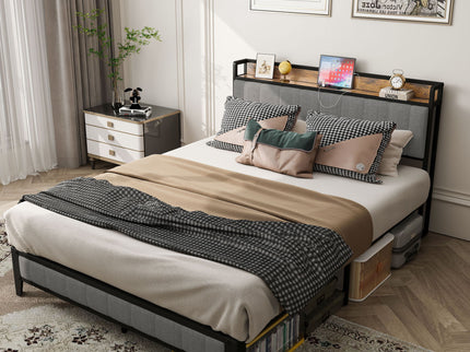 Bed With Charging Station, American Design Upholstered Headboard, Metal Platform