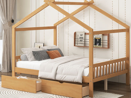 House Style Platform Bed With Headboard, Footboard, 2 Drawers, And Roof Design