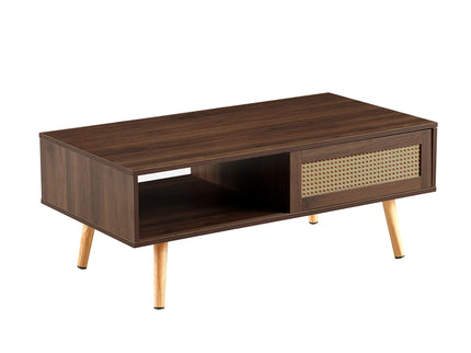 41.34" Rattan Coffee Table, Sliding Door For Storage, Solid Wood Legs, Modern Table For Living Room