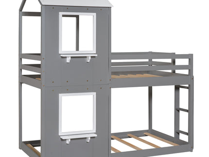 Bunk Bed Wood Bed & Roof, Window, Guardrail, Ladder