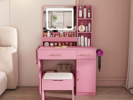 Vanity Desk With LED Mirror Lights And Power Outlet Charging Station, 3 Drawers, 7 Shelves, Storage Stool - Pink