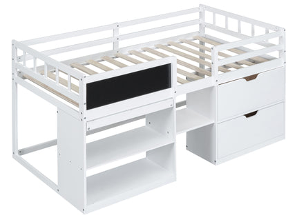 Low Loft Bed With Rolling Desk, Shelf And Drawers