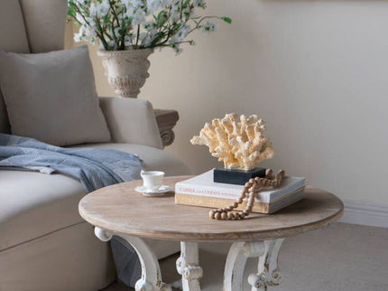 Round Wooden Coffee Table With Distressed Scrollwork Legs - Multicolor