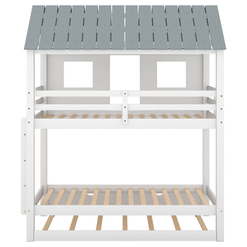 Twin Size House Bunk Bed With Trundle, Roof And Windows - White / Gray