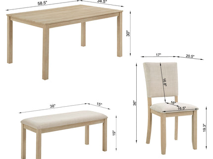6 Piece Dining Table Set With Bench - Beige / Light Oak