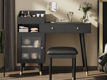 Modern Makeup Vanity Desk With Drawers Cabinet & Charging Port Engineered Wood Space Saving Design For Small Places - Black