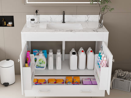 43" Bathroom Vanity With Artificial Marble Carrara Top Set, Multi Functional Cabinet With Doors And Drawer - White