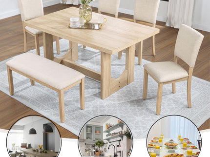 6 Piece Rectangular Kitchen Table Set With Bench And 4 Upholstered Chairs For Kitchen - Light Oak