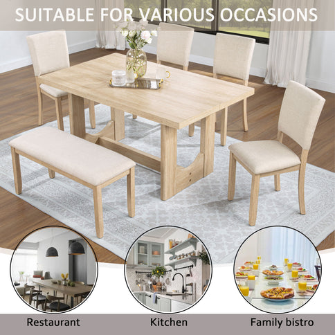 6 Piece Rectangular Kitchen Table Set With Bench And 4 Upholstered Chairs For Kitchen - Light Oak