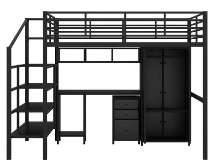 Full Size Loft Bed With Desk Set And Wardrobe - Black