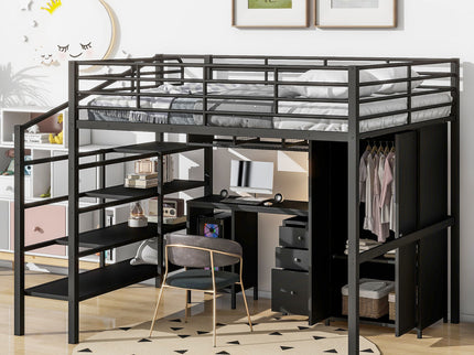 Full Size Loft Bed With Desk Set And Wardrobe - Black