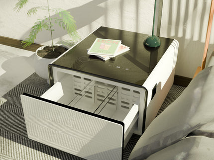 Modern Smart Side Table With Built-In Fridge, Wireless Charging, Temperature Control, Power Socket, USB Ports, Outlet Protection, Induction Light