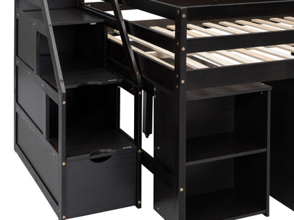Loft Bed With Retractable Writing Desk And 3 Drawers With Storage Stairs And Shelves