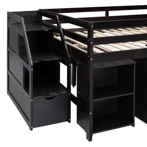 Loft Bed With Retractable Writing Desk And 3 Drawers With Storage Stairs And Shelves
