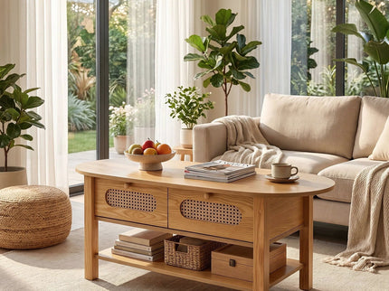 Oval Coffee Table With With 2 Storage Drawers For Living Rooms - Wood