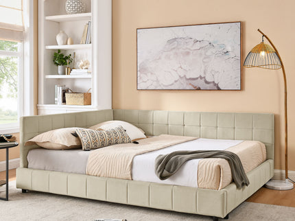 Mid-Century Storage Upholstered Tufted Bed Frame With Backrest And Armrests