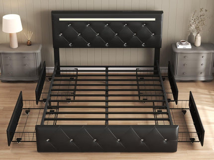 Upholstered Bed Frame With LED Lights, 4 Storage Drawers, Charging Station