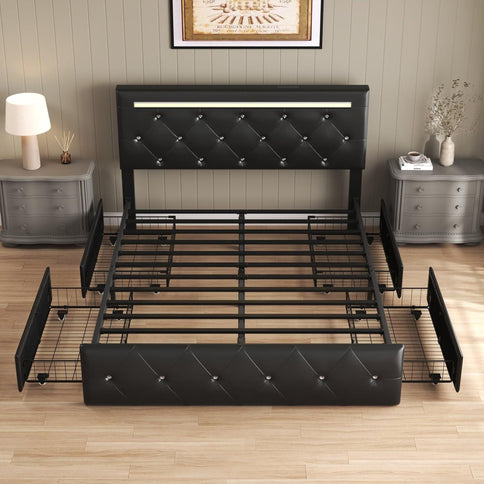 Upholstered Bed Frame With LED Lights, 4 Storage Drawers, Charging Station
