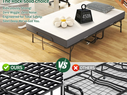 Twin Wide Folding Bed For Tall People, Extra Long & Wide Rollaway With Memory Foam, Heavy-Duty - Black