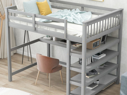 Loft Bed With Storage Shelves And Under Bed Desk