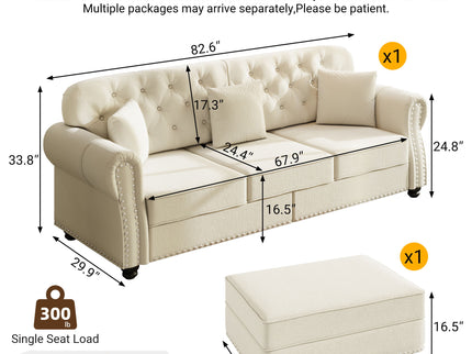 Upholstered 3 Seater Sofa Set With Ottoman
