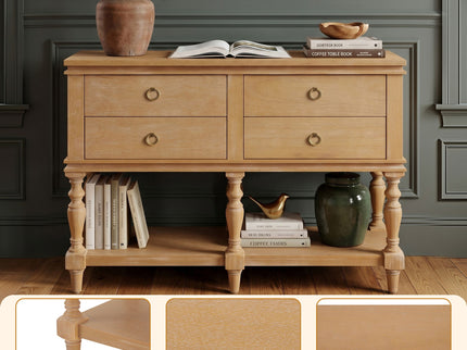 Console Table With 4 Soft Close Drawers, Thick Bottom Shelf For Living Room - Natural