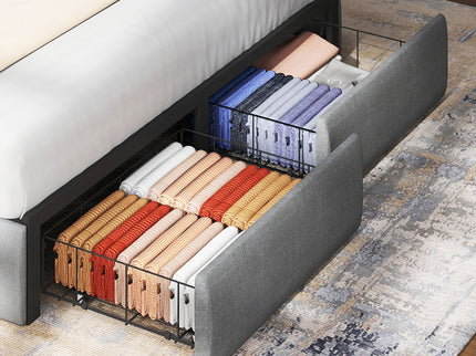Upholstered Platform Bed Frame With RGB LED Lights, Charging Station & 2 Underbed Drawers