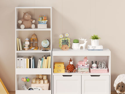Book Organizer With Large Drawers And Open Shelves, Toy Storage Cabinet With Removable Wheels And Rounded Edges - White