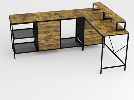Industrial L Shaped Computer Desk With Power Outlets & USB-C, 6 Fabric Drawers, 3 Open Shelves, Movable Monitor Stands - Brown