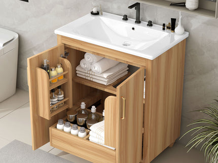 30" Bathroom Vanity With Sink, Cabinet With Doors And Drawer, Rectangular Shape - Natural