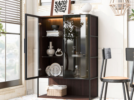 Modern Minimalist Tall Lighted Display Cabinet With Tempered Glass Door - Black / Dark Walnut