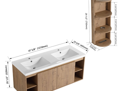 Modern 48" Wall Mounted Bathroom Vanity With Double Resin Sink And Storage Rack Soft Close Doors - Imitative Oak