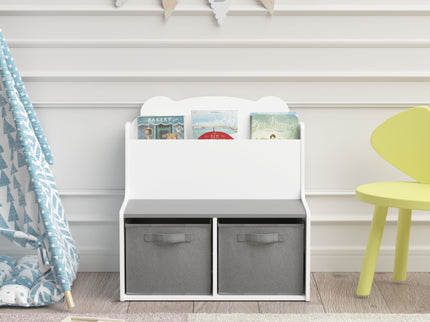 Bookshelf With Storage Bins, Bookcase With Book Display Shelf And 2 Bins, Cute Bear Shaped Backboard, Toy Organizer - White