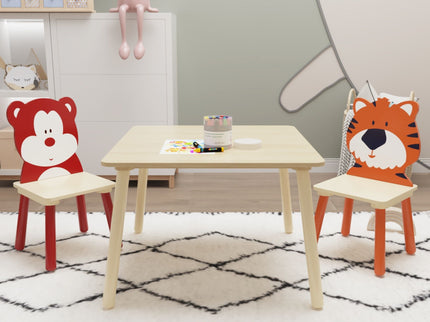 Table And 2 Chairs Set, Activity Play Table Set With Bear & Tiger Design - Natural