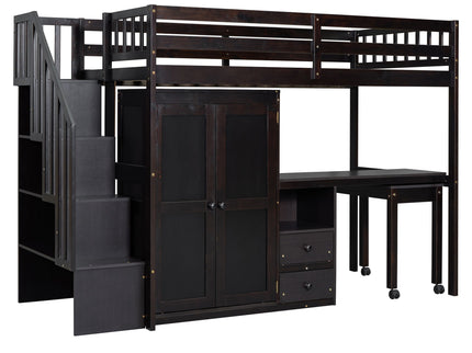 Loft Bed With Stairs, Bookshelf, Drawers, Desk & Wardrobe, Space Saving Multifunctional Furniture
