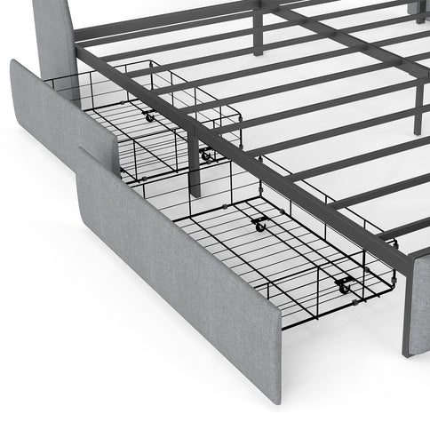 King Upholstered Bed Frame With 4 Storage Drawers, RGB LED Lights & USB / Type-C Charging Station, No Box Spring Needed - Gray