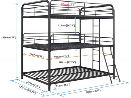 Triple Bunk Bed, Full Size With Sturdy Metal Frame And Safe Stairs - Black