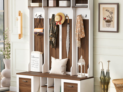 5 In 1 Entryway Bench With Coat Rack, 7 Sturdy Hooks, 2 Spacious Drawers And Adjustable Shelves