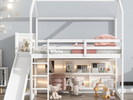 House Loft Bed With Slide, Storage Shelves And Light, Climbing Ramp