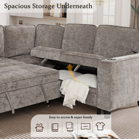 L-Shaped Sofa With Pull Out Sofa Bed With USB