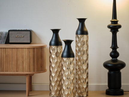 Floor Metal Vases (Set of 3) Gorgeous Home Decoration Large Glazed Metal Vases - Black / Gold