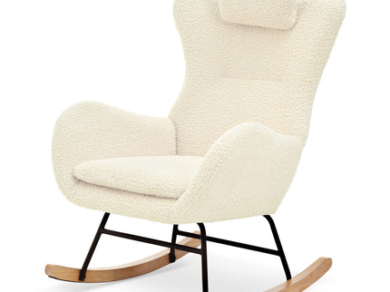 Rocking Chair Nursery, Teddy Upholstered Rocker Glider Chair With High Backrest, Adjustable Headrest & Pocket, Comfy Glider Chair For Nursery, Bedroom, Living Room, Offices, Rubber Wood