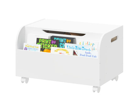 Toy Box With 4 Universal Wheels, Kids Playroom Storage Organizer With Front Bookshelf, Flip Top Lid, Safety Hinge - White