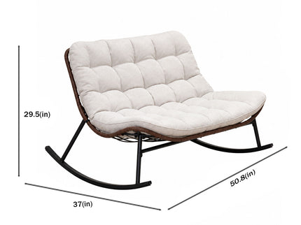 Double Wide Rocking Papasan Chair, 2 Person Outdoor Lounge Seating - Acacia Wood / Beige