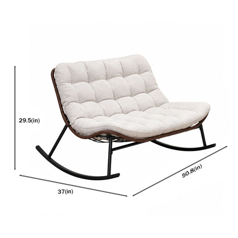 Double Wide Rocking Papasan Chair, 2 Person Outdoor Lounge Seating - Acacia Wood / Beige